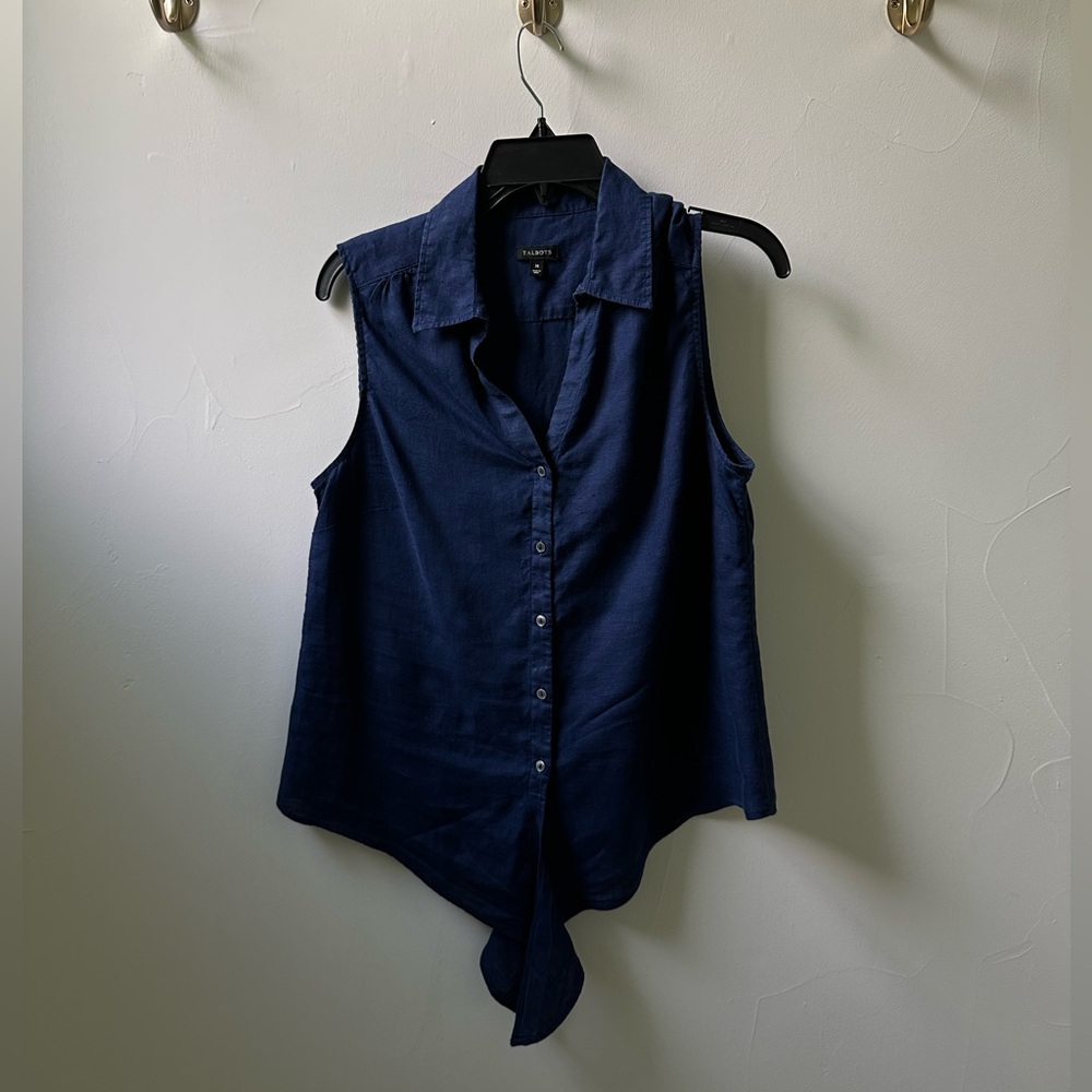 Talbots Navy Blue Linen Sleeveless Blouse Top Size M